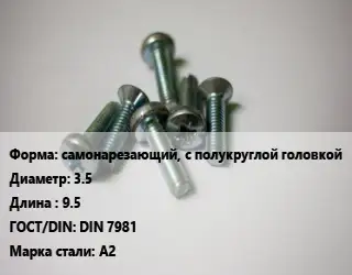 Винт самонарезающий, с полукруглой головкой 3.5х9.5 DIN 7981 Сталь: А2